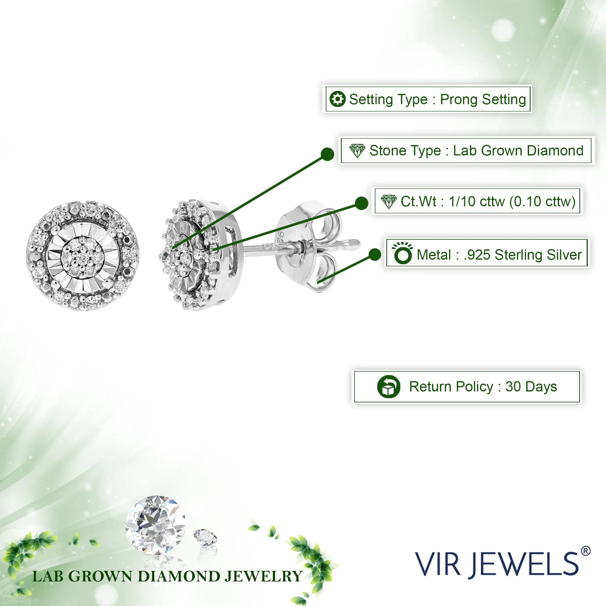 1/10 cttw Lab Grown Diamond Stud Earrings in .925 Sterling Silver
