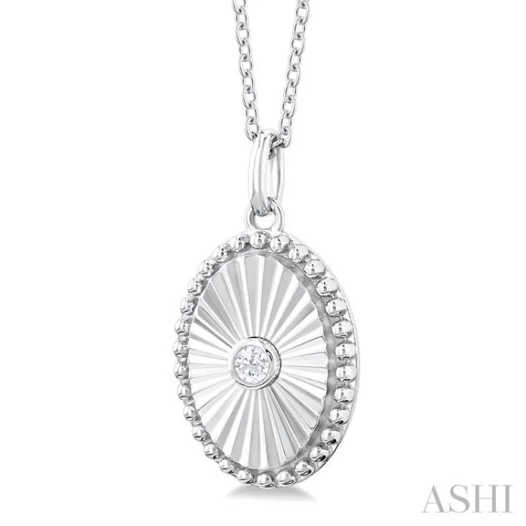 1/20 ctw Oval fluted medallion Round Cut Diamond Pendant With Chain in 14K White Gold
