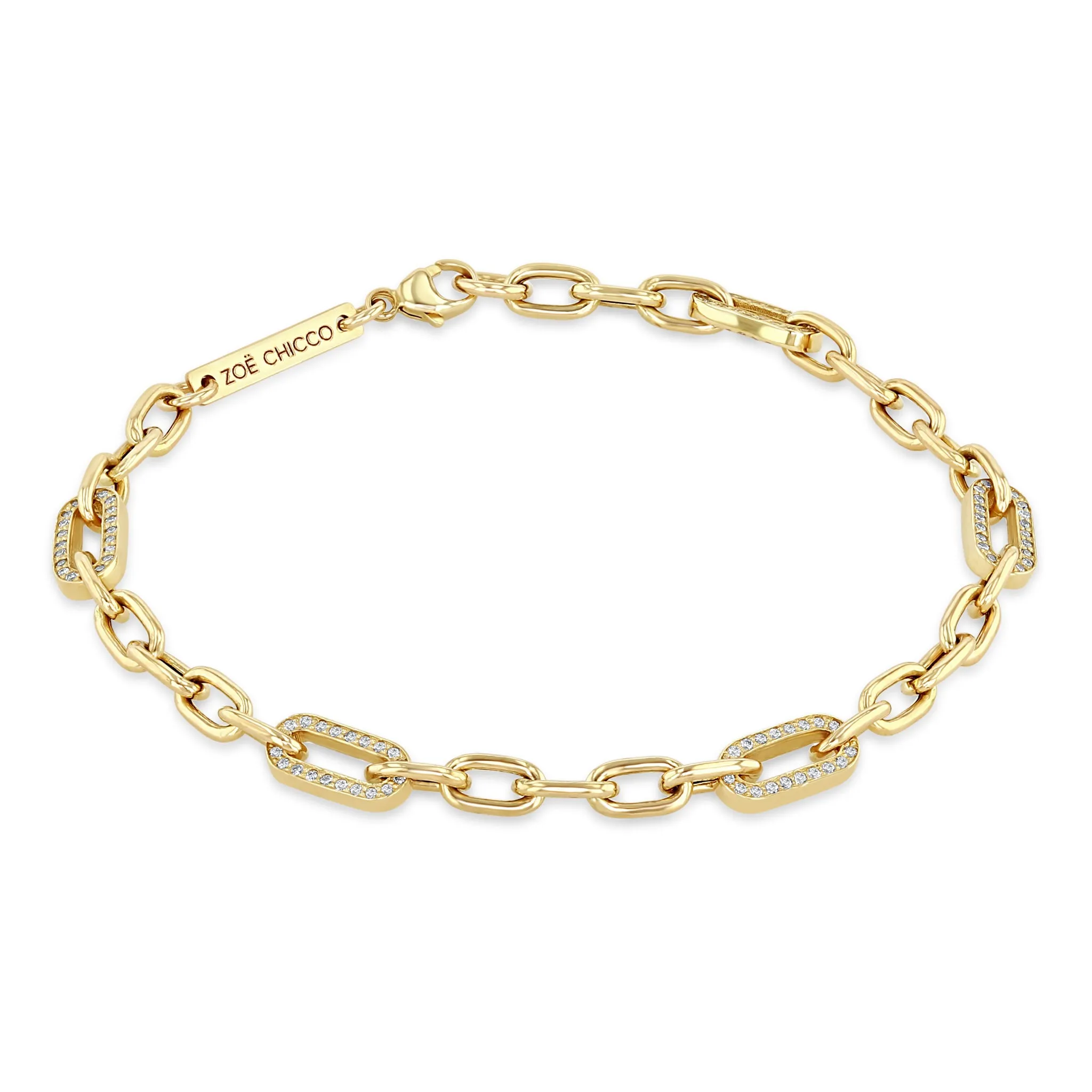 14k Medium Square Oval Chain Bracelet with 5 Pavé Diamond Links