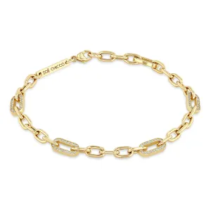 14k Medium Square Oval Chain Bracelet with 5 Pavé Diamond Links