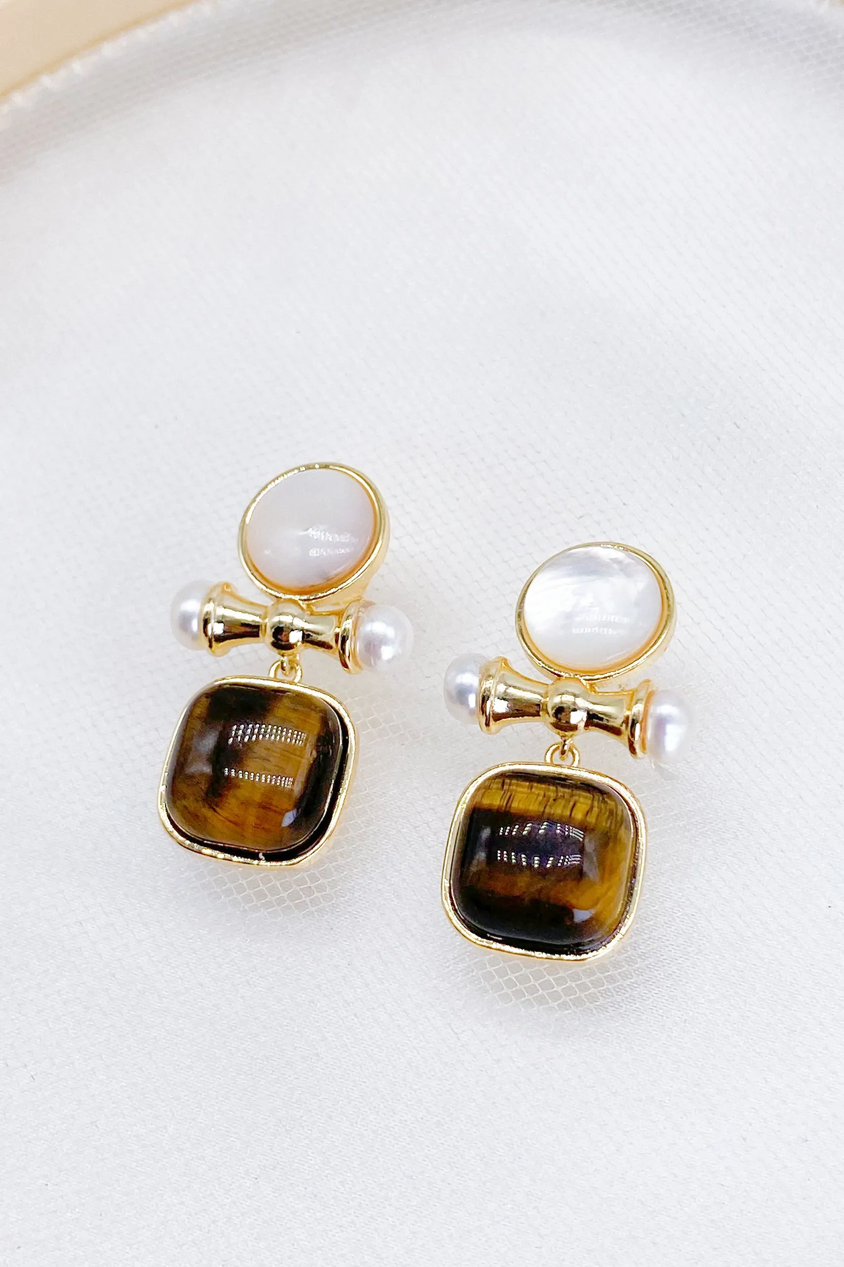Alina Tiger's Eye Pearl Drop Earrings