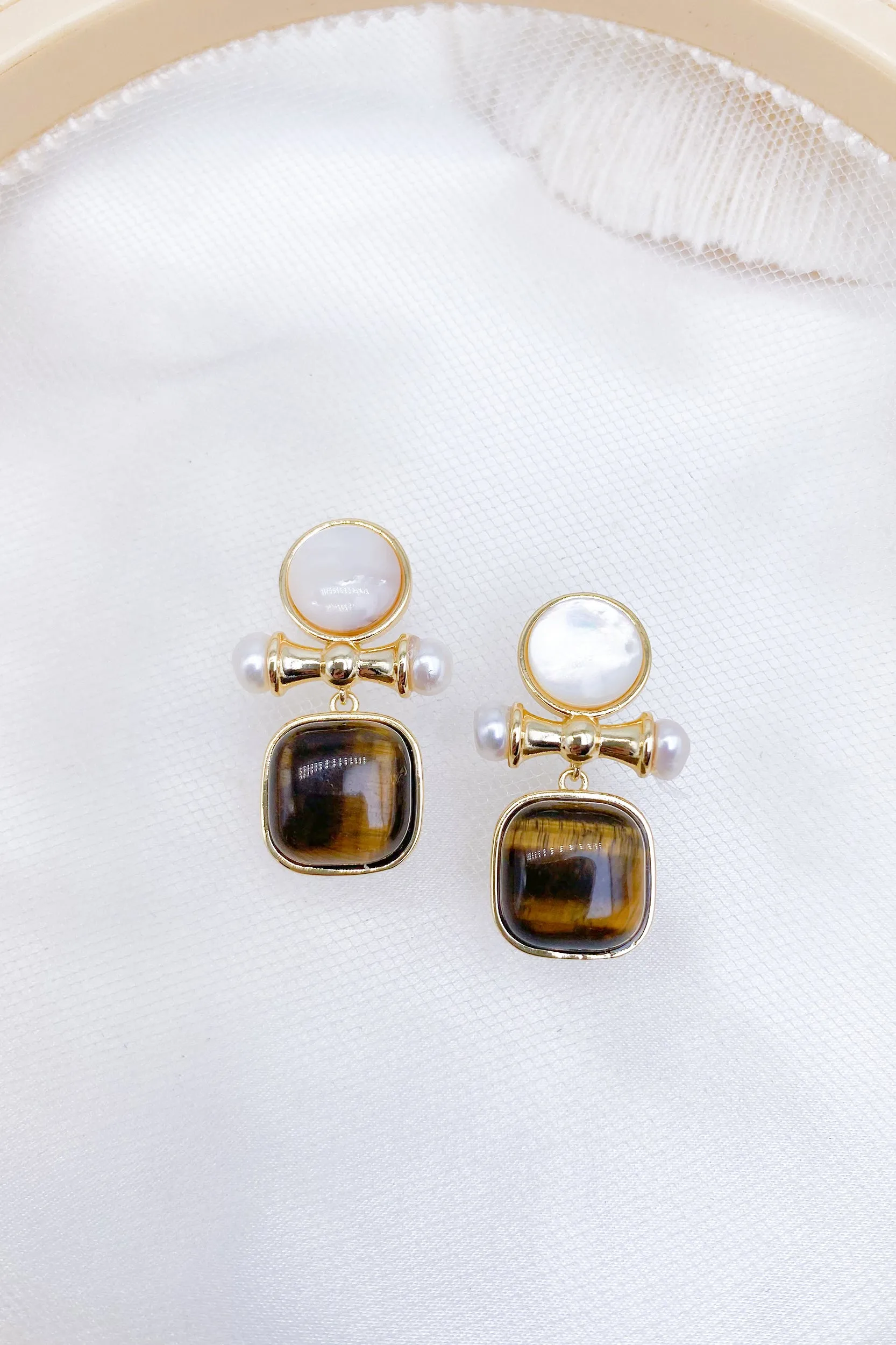 Alina Tiger's Eye Pearl Drop Earrings