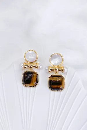 Alina Tiger's Eye Pearl Drop Earrings