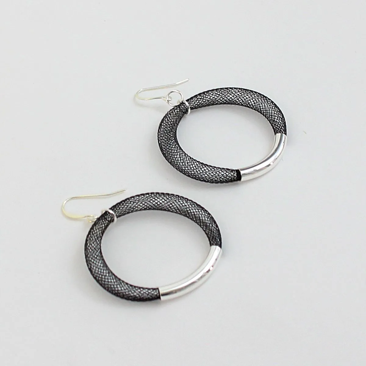 Black Mesh Hoop Earring Silver