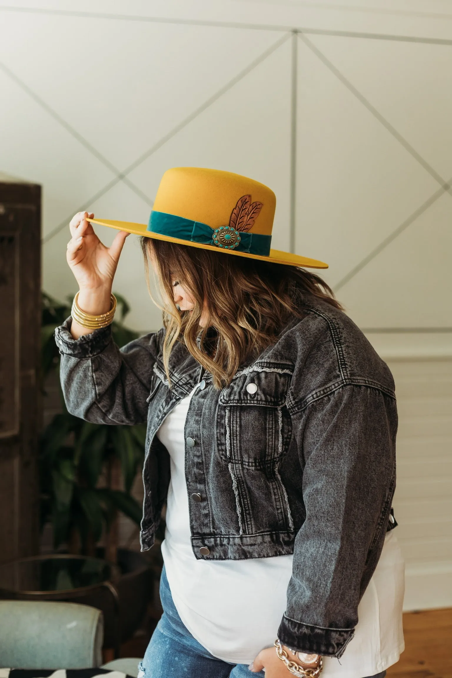 Charlie 1 Horse | Nomad Wool Felt Hat with Ribbon Band and Concho with Leather Feather in Yellow