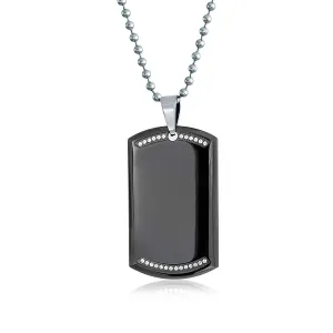 CZ Edge Black Dog Tag Pendant Necklace for Men Stainless Steel 24" Bead Chain