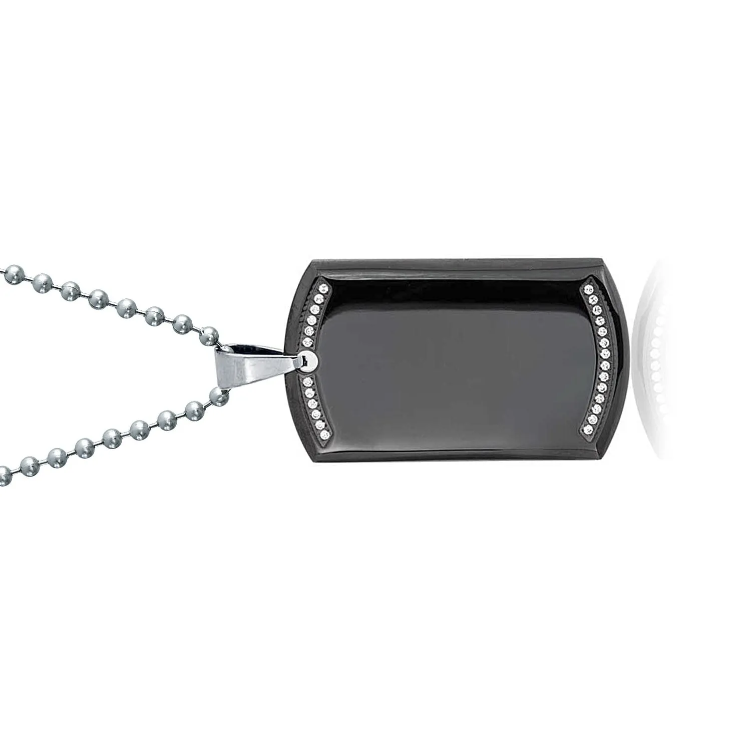 CZ Edge Black Dog Tag Pendant Necklace for Men Stainless Steel 24" Bead Chain