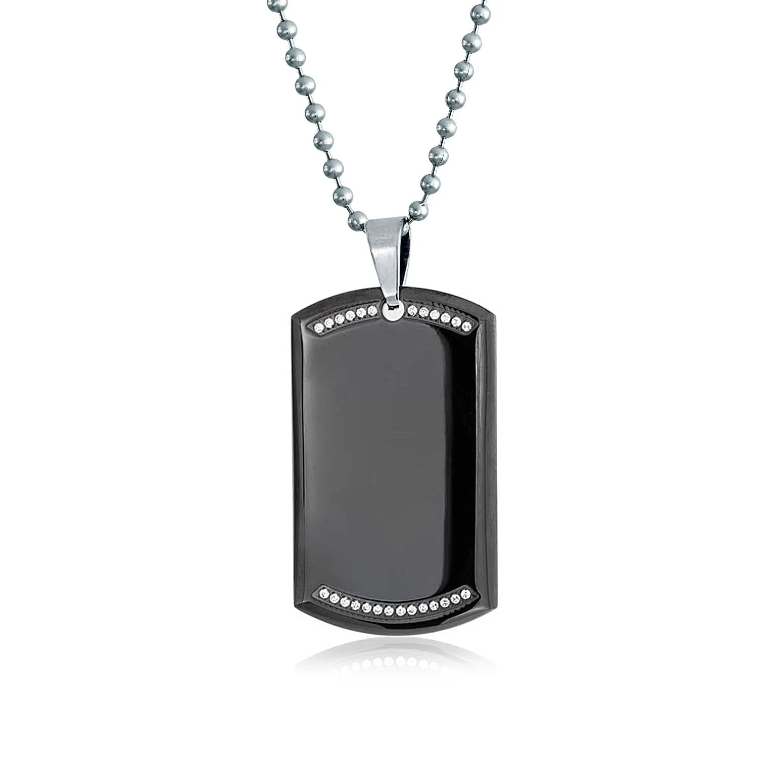 CZ Edge Black Dog Tag Pendant Necklace for Men Stainless Steel 24" Bead Chain