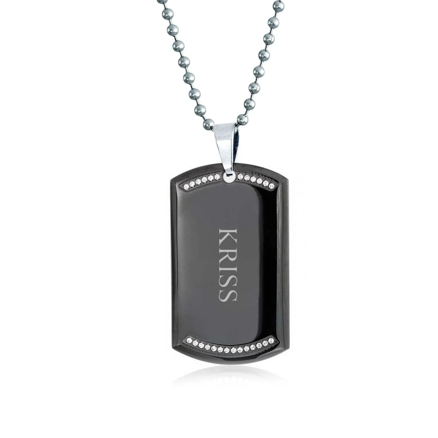 CZ Edge Black Dog Tag Pendant Necklace for Men Stainless Steel 24" Bead Chain