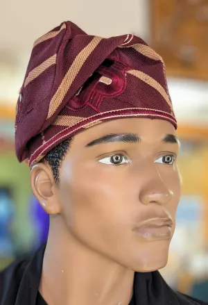 Dupsie's Oriki-Fila Burgundy with Brown Stripe Alaari Nigerian African Burgundy Embroidered Aso Oke Handwoven Fila Kufi Cap Hat DPHABB52