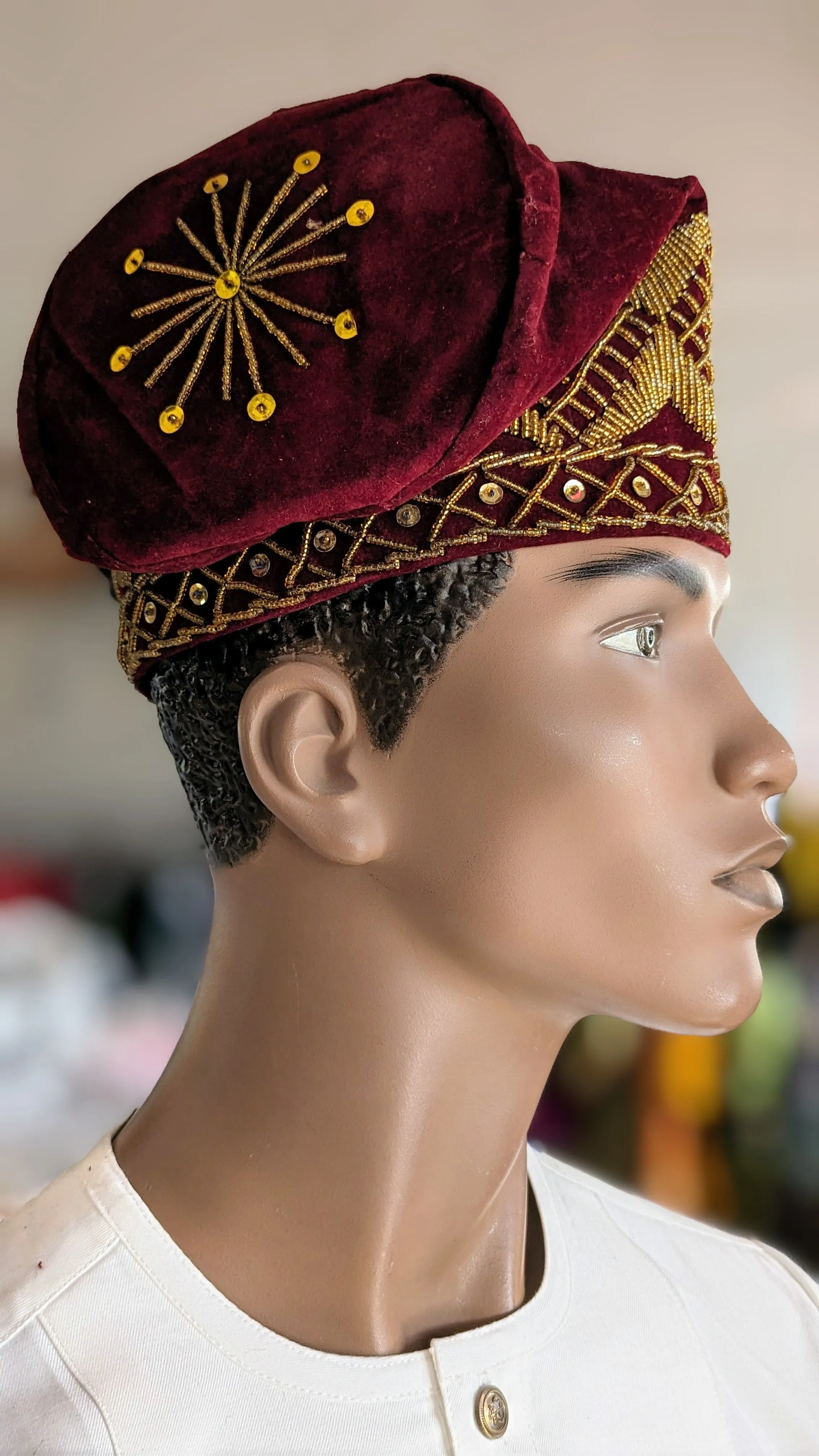 Dupsie's Zamani Burgundy Velvet Fila Cap Kufi hat with Gold embroidery DPHVHBG3