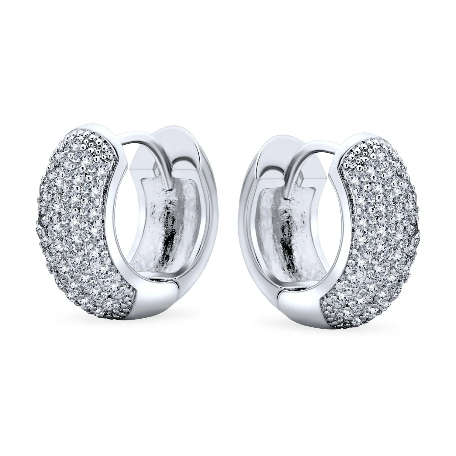 Holiday Bridal CZ Hoop Earrings 5-Row Dome Silver Plated Hinge Style Wedding Jewelry