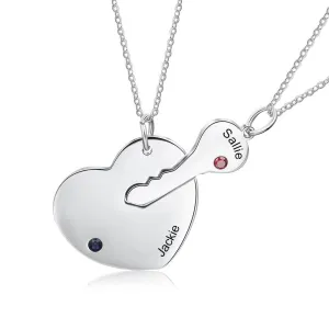 Personalized 2 Names 2 Stones Key & Heart Necklace