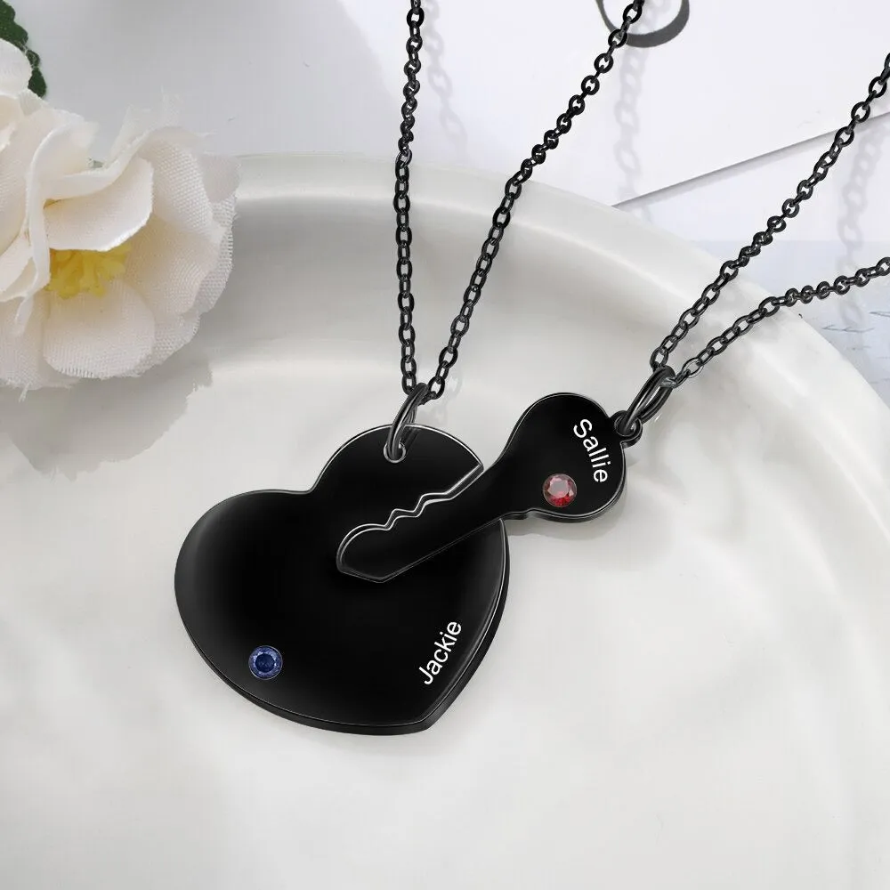Personalized 2 Names 2 Stones Key & Heart Necklace
