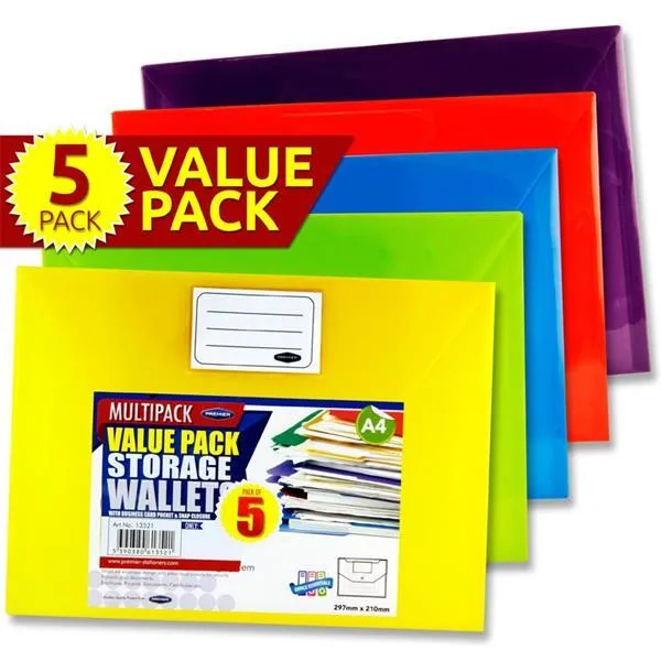 Premier Premtone Packet of 5 X A4 Button Storage Wallets